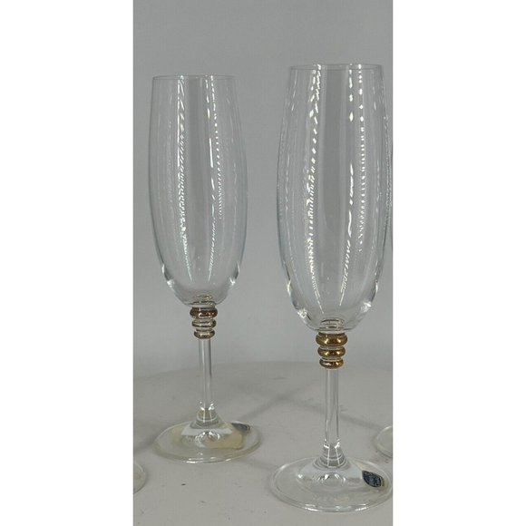 2 Elegant CRYSTAL Champagne Flute w/ 3 Gold Ring on Stem, Beautiful Boho Crystal - Picture 7 of 7